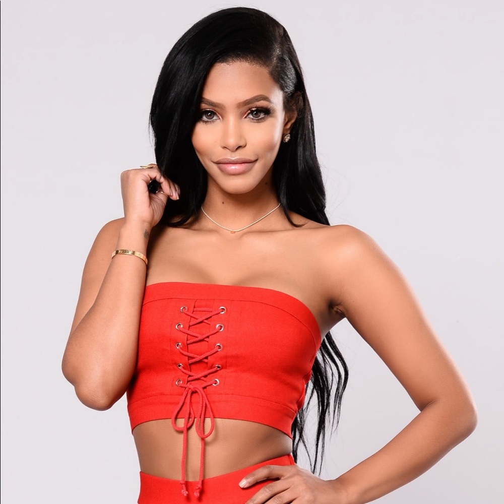 New Red Bandeau with Lace Up Detail